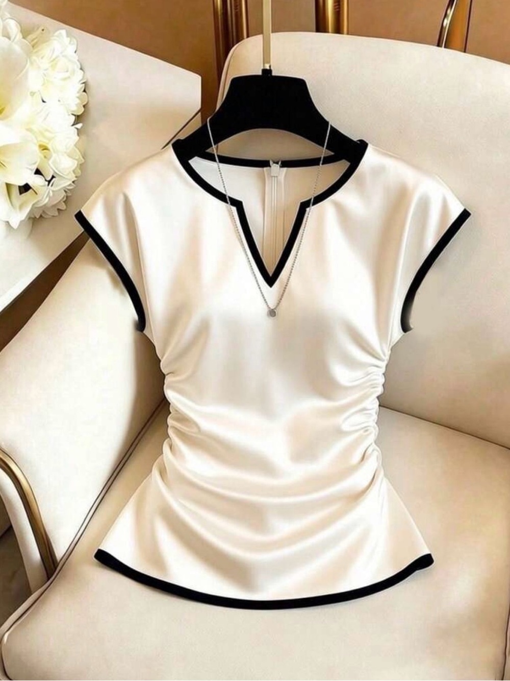 Zara White Short-Sleeve Top with Black Trim